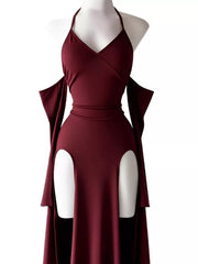 Close-up of wine-red halter bodycon dress neckline and side cut-out