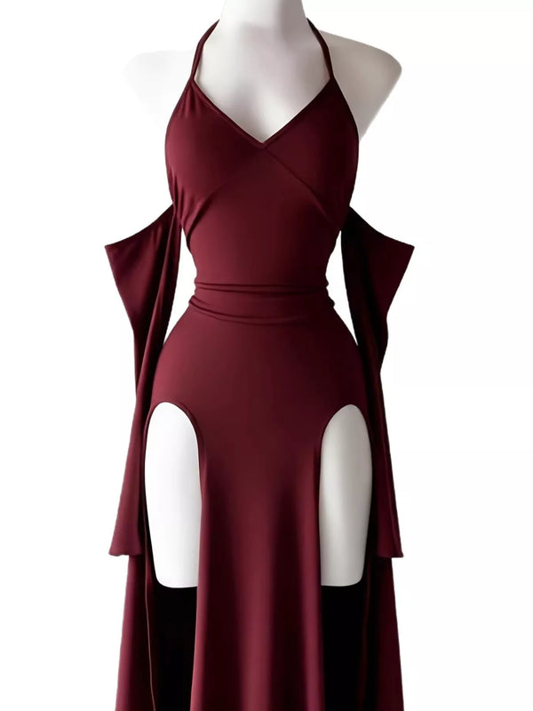 Close-up of wine-red halter bodycon dress neckline and side cut-out