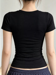 Black short-sleeve crew-neck T-shirt, back view on model