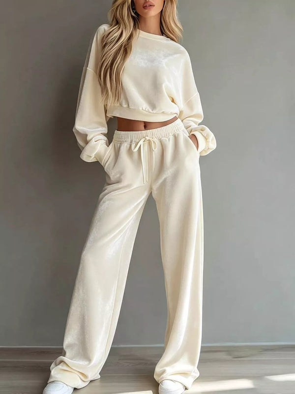 Ivory cropped sweatshirt and wide-leg pants set, full front view