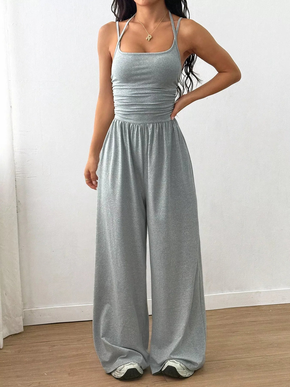 Women's spaghetti-strap wide-leg jumpsuit, light gray front full-length view
