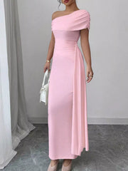 Pink one-shoulder ruched maxi dress, front view