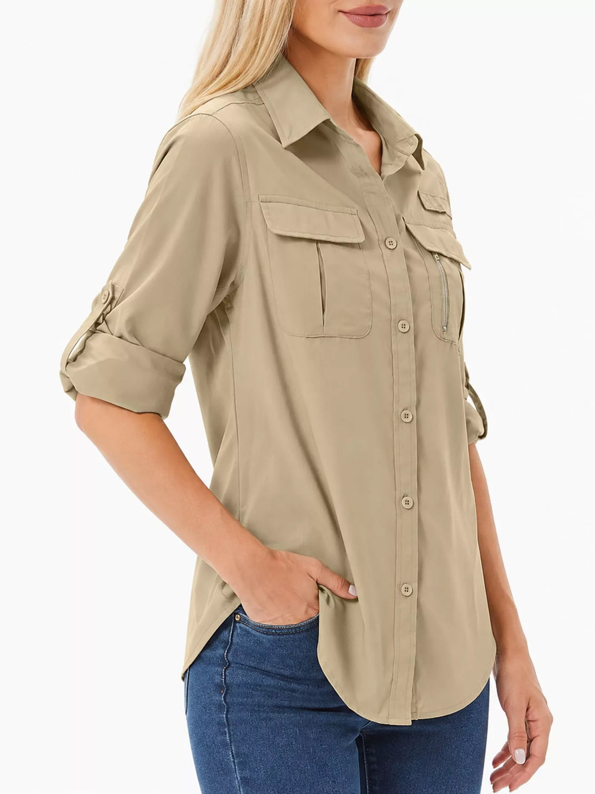 Khaki beige button-down shirt, three-quarter view on model