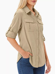 Khaki beige button-down shirt, three-quarter view on model