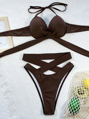 Brown crisscross halter bikini set laid flat, front view