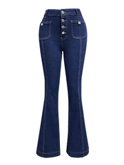 Dark indigo flare jeans shown full length, front view
