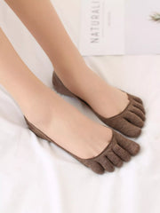 Close view of brown five-toe no-show socks