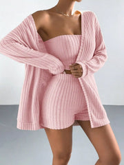 Pink ribbed three-piece lounge set with open cardigan, tube top and shorts