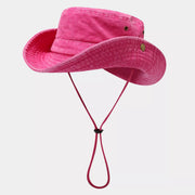 Hot pink wide-brim bucket hat with crown eyelets and chin cord