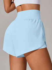 Side view of powder-blue high-waisted wrap-overlay shorts
