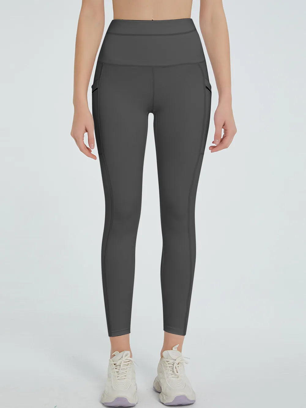 Dark gray high-waisted leggings shown from the front