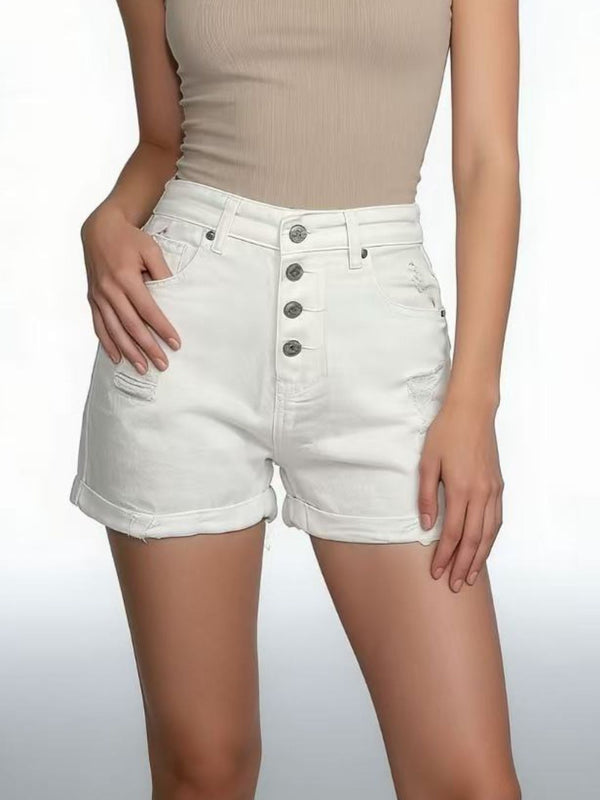 Front view of white distressed button-fly denim shorts with rolled cuffs