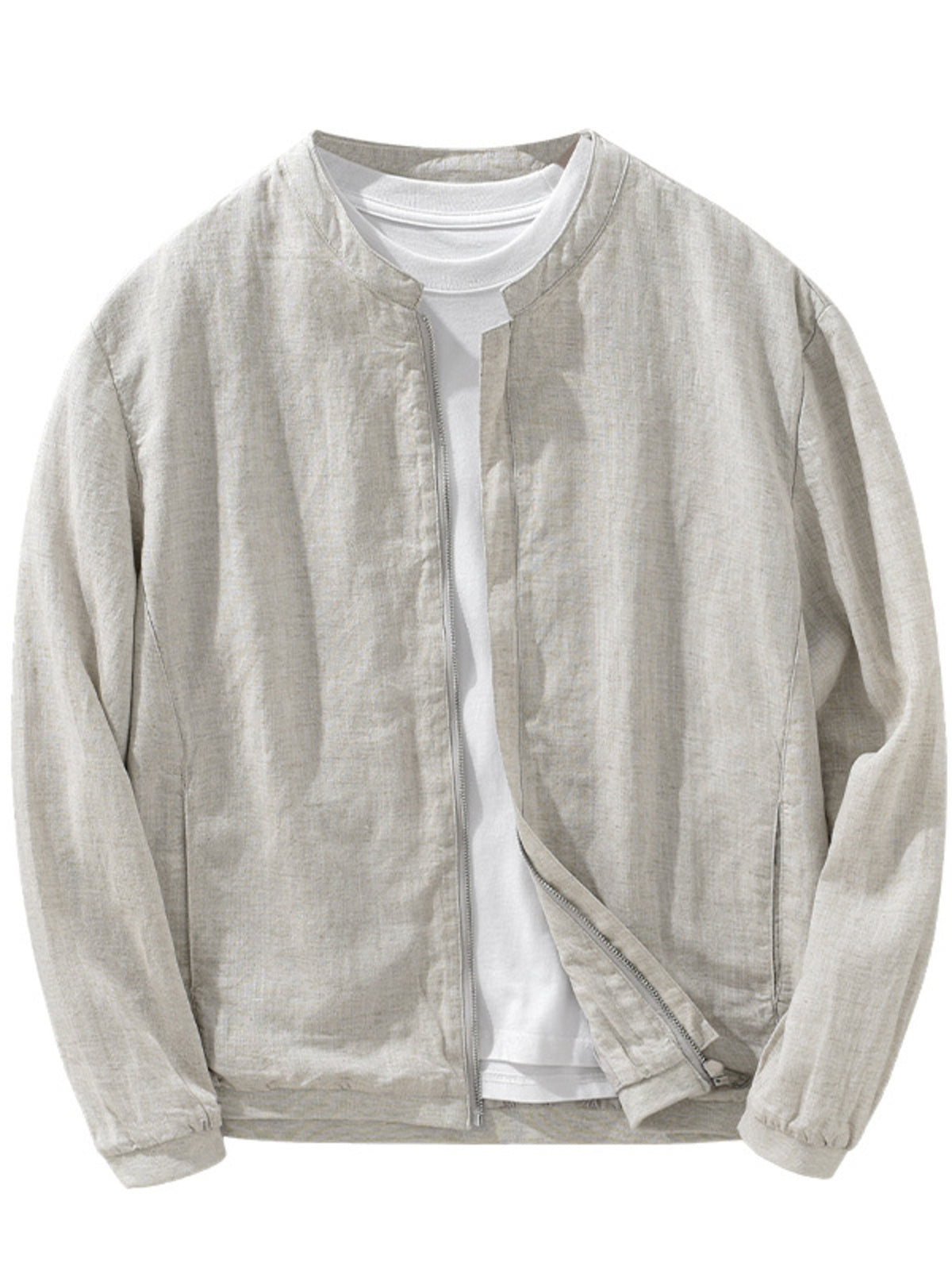 Light gray zip-up jacket on a hanger, front view