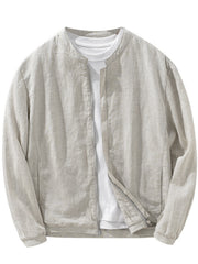 Light gray zip-up jacket on a hanger, front view