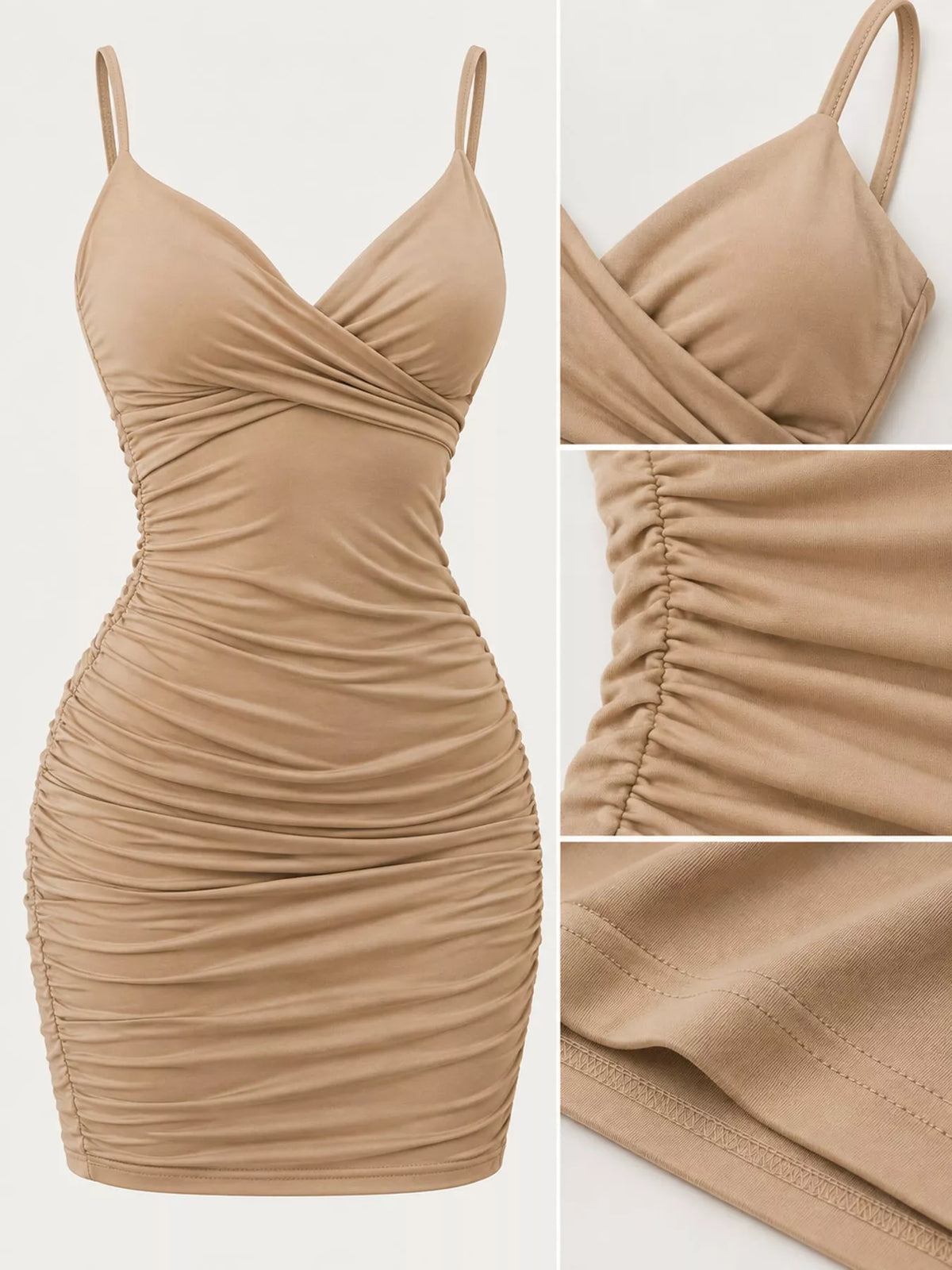 Beige mini dress shown alone from the front, highlighting the wrap bodice and all-over ruching.
