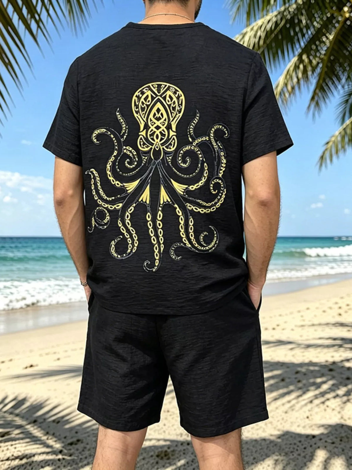 Black tee and shorts set shown from the back, with an octopus graphic on the shirt.