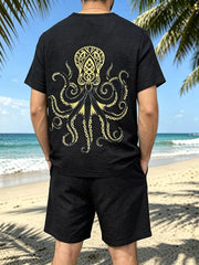 Black tee and shorts set shown from the back, with an octopus graphic on the shirt.