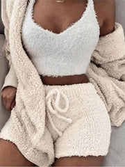 Cream three-piece fuzzy lounge set with crop top, cardigan and shorts