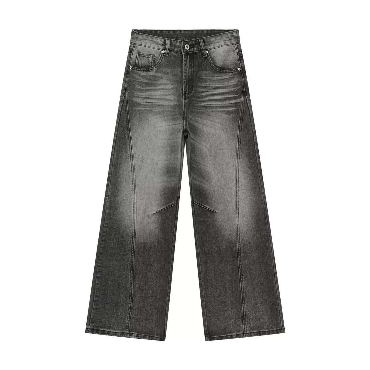 Grey vintage-wash wide-leg jeans laid flat, front view