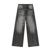 Grey vintage-wash wide-leg jeans laid flat, front view