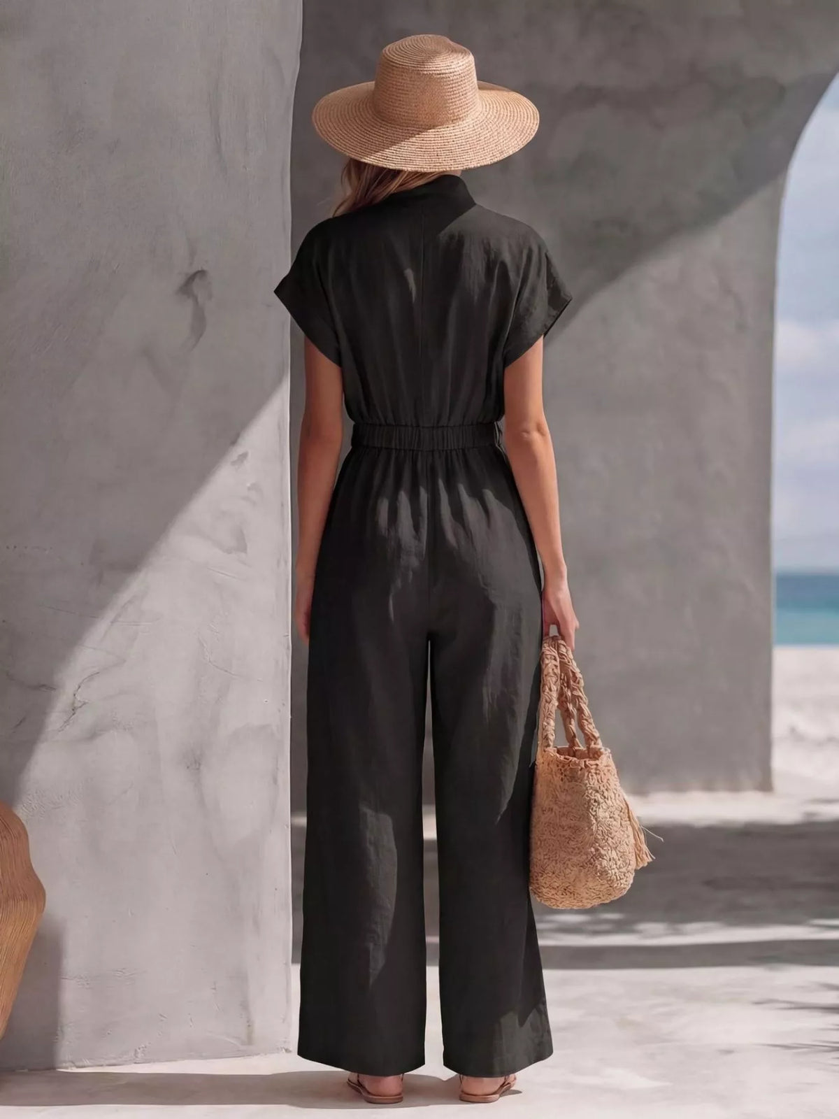 Women's zip-front wide-leg jumpsuit, black back view