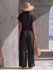 Women's zip-front wide-leg jumpsuit, black back view