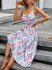 White floral paisley spaghetti-strap dress, front view