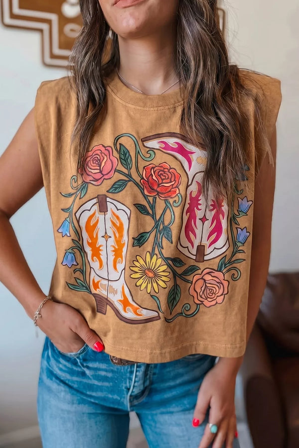 Front view of taupe sleeveless tank with colorful western boots, flowers and foliage print