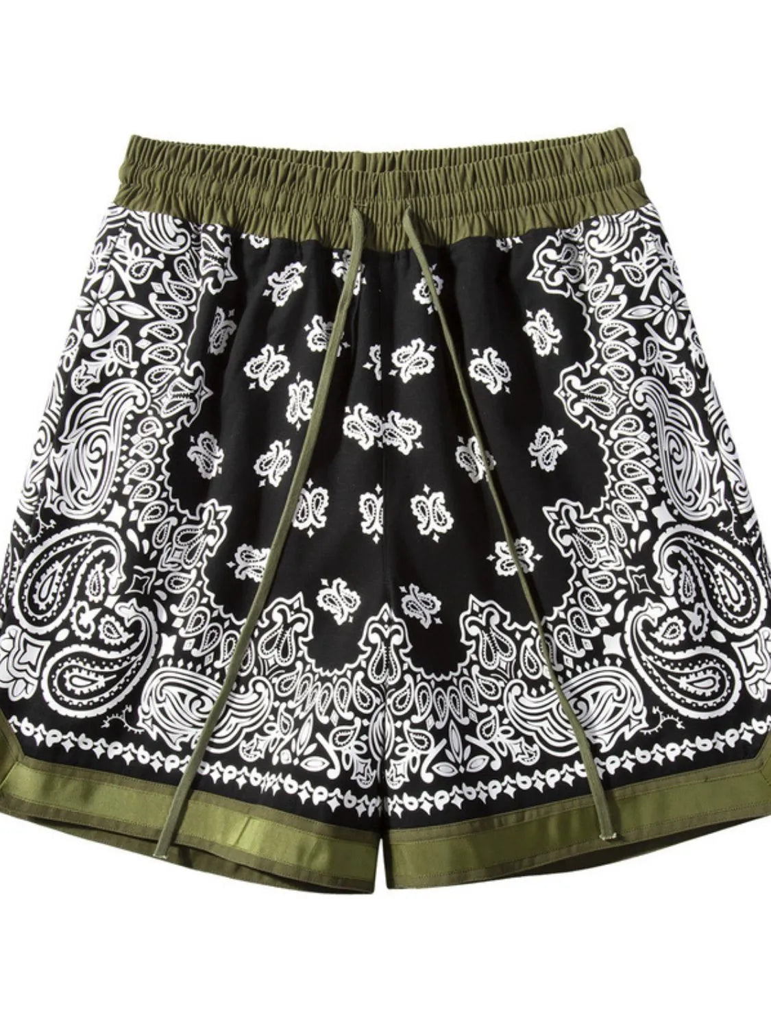 Black floral and paisley shorts with olive waistband