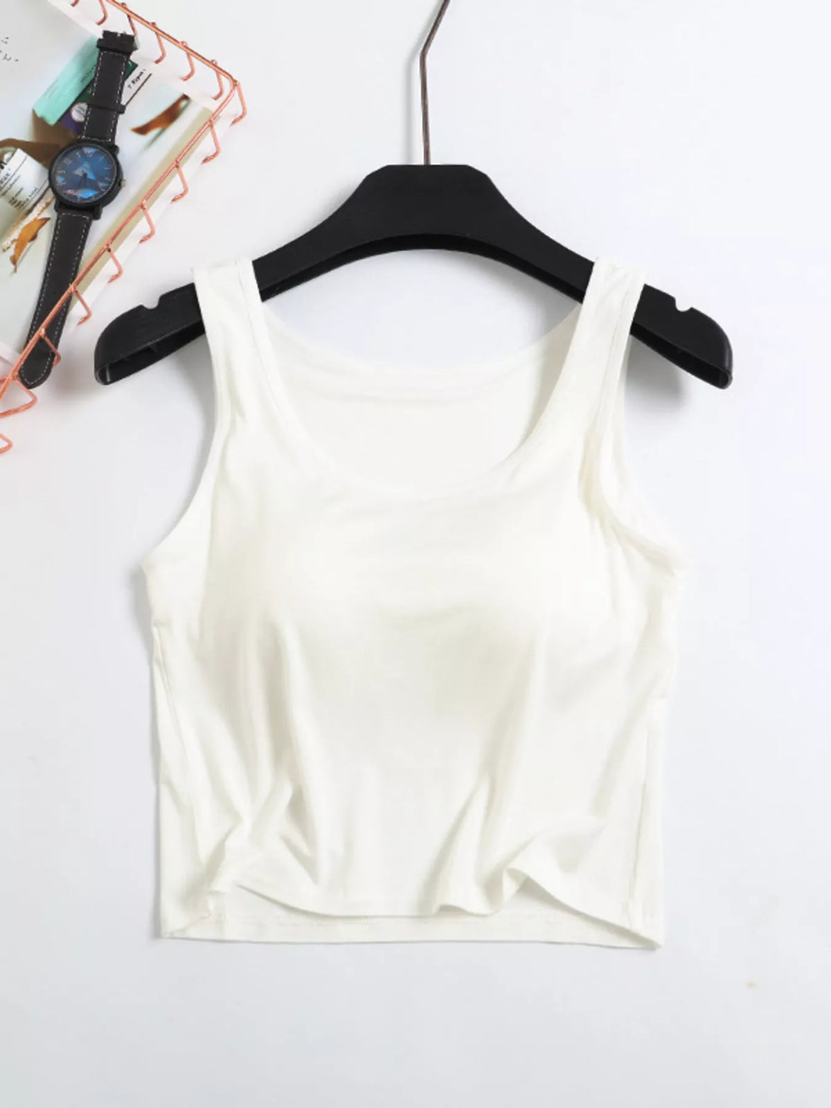 White seamless padded tank on hanger