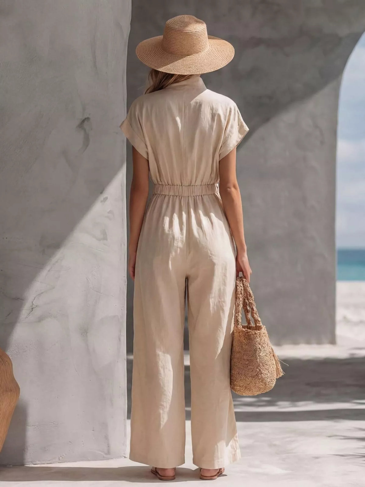Women's zip-front wide-leg jumpsuit, ivory back view