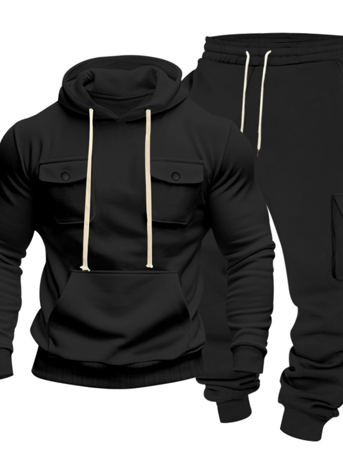 Black hoodie with chest flap pockets and matching cargo sweatpants displayed from the front