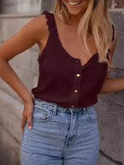 Burgundy textured button-front tank, front view