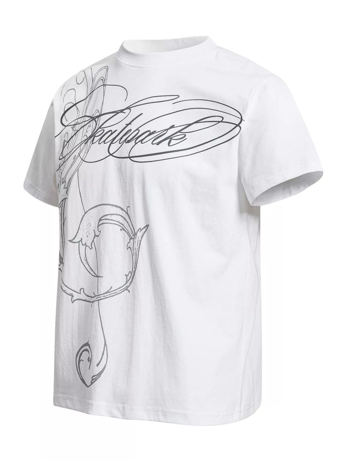 Side view of black graphic T-shirt showing the oversized white abstract print