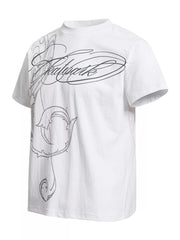 Side view of black graphic T-shirt showing the oversized white abstract print