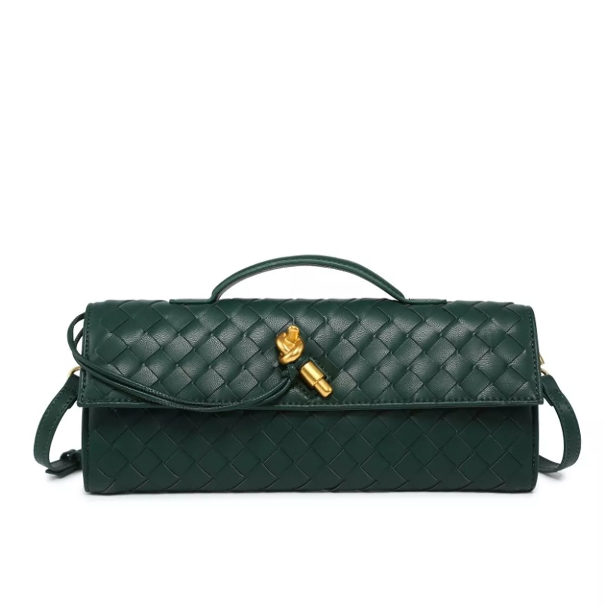 Dark green woven flap crossbody bag with gold-tone turn-lock clasp