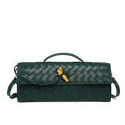 Dark green woven flap crossbody bag with gold-tone turn-lock clasp