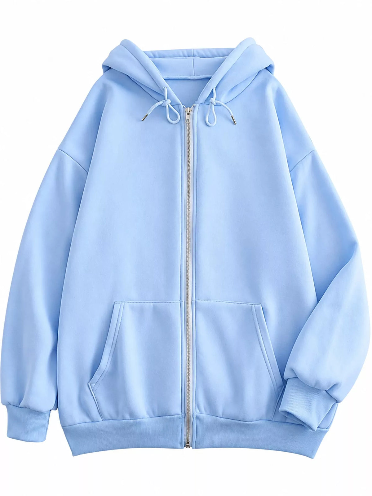 Front view of the light blue oversized zip-up hoodie with drawstring hood and pockets