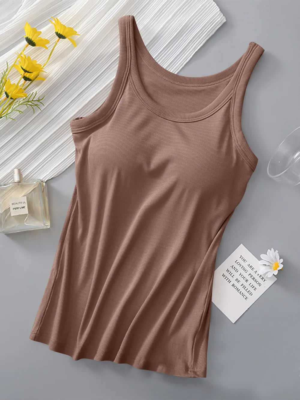 Soft viscose tank top with built-in bra shown in an alternate colour
