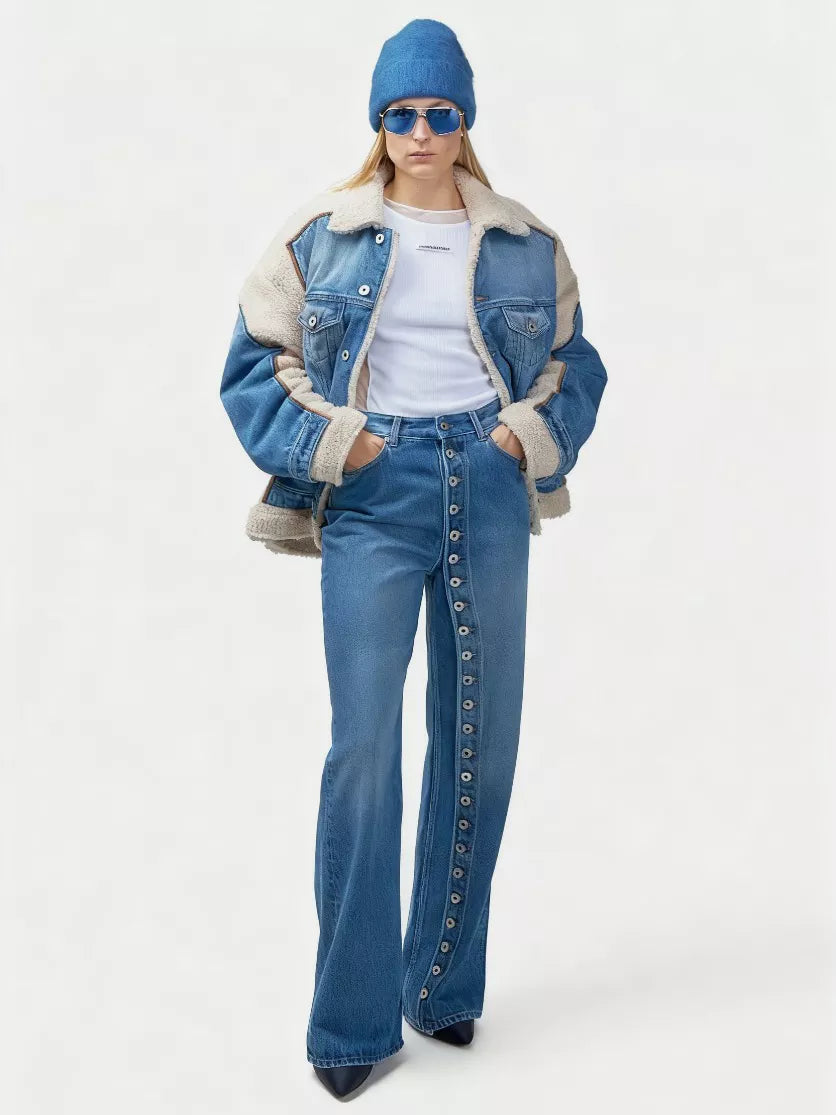 Model wearing blue wide-leg button-fly jeans with a denim jacket