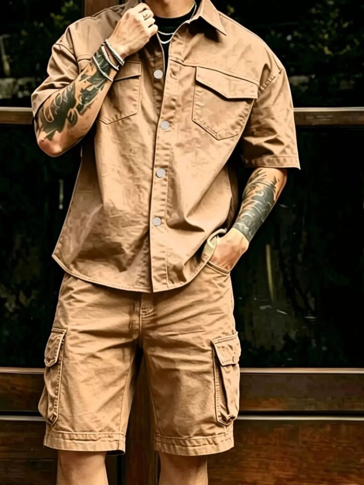 Model wearing tan cargo shirt and matching shorts