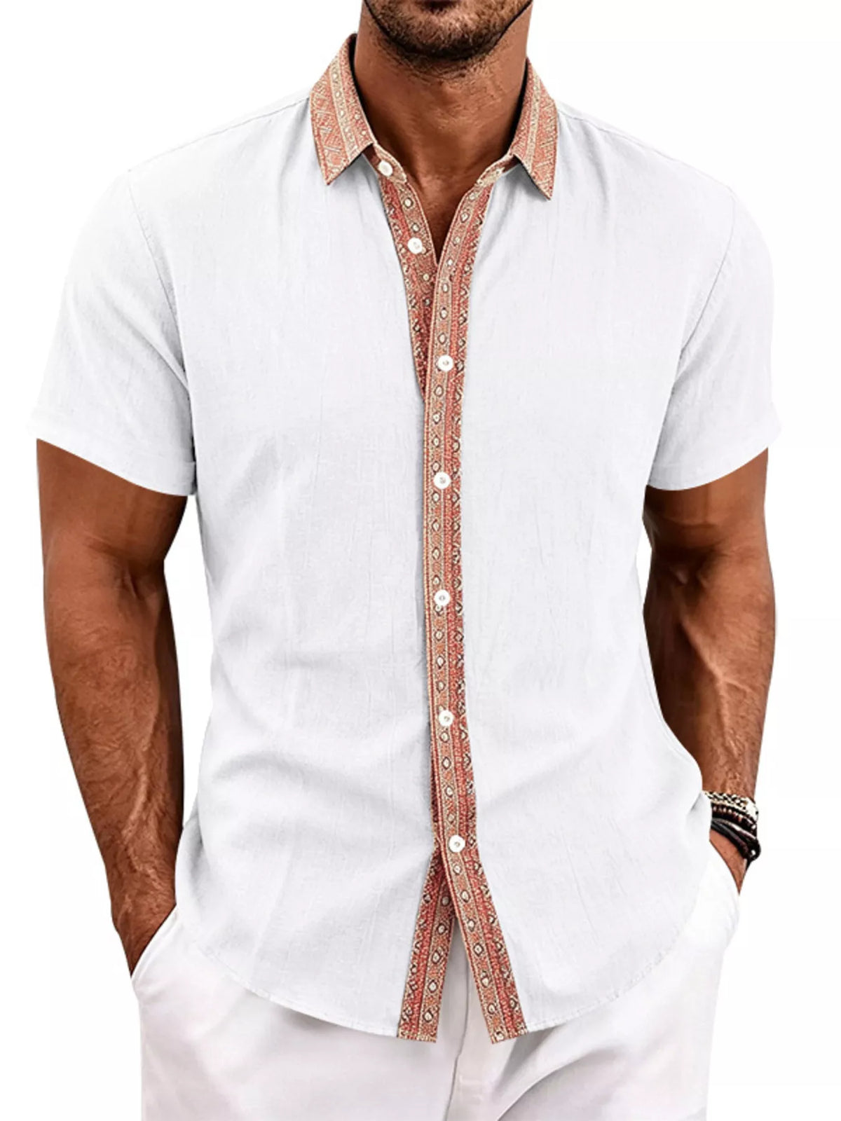 Model wearing black shirt with patterned trim