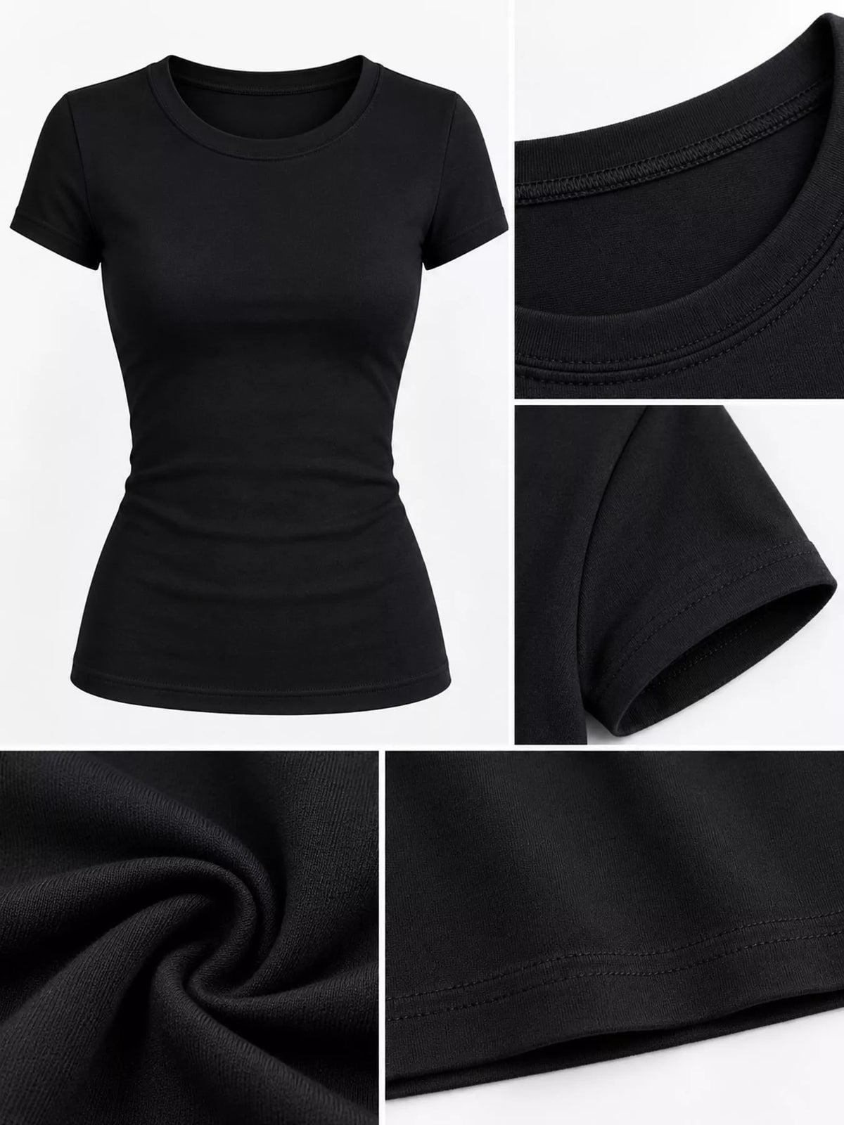 Black fitted crew-neck T-shirt, front view on model