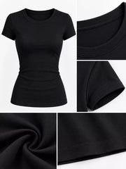 Black fitted crew-neck T-shirt, front view on model