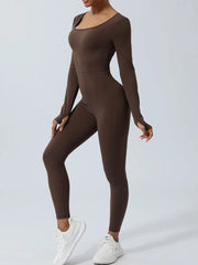 Brown jumpsuit shown at an angle