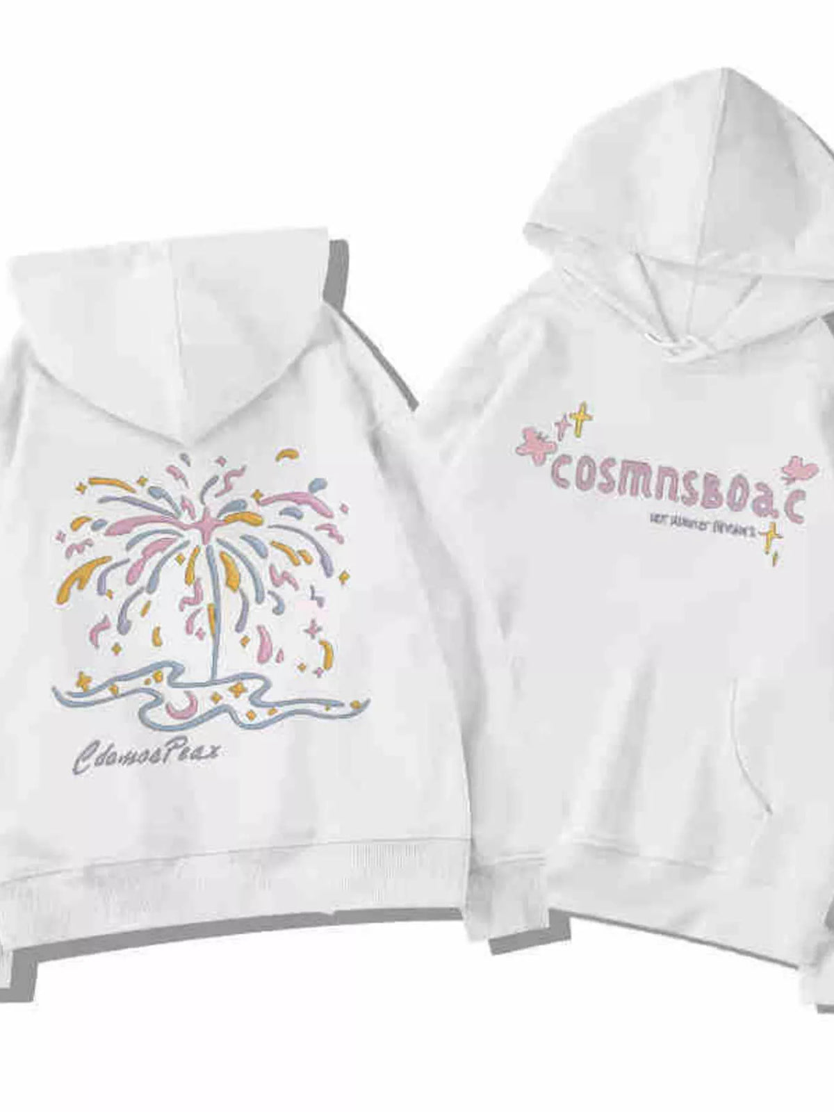 White hoodie front and back displayed side by side with pastel fireworks and lettering