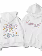 White hoodie front and back displayed side by side with pastel fireworks and lettering