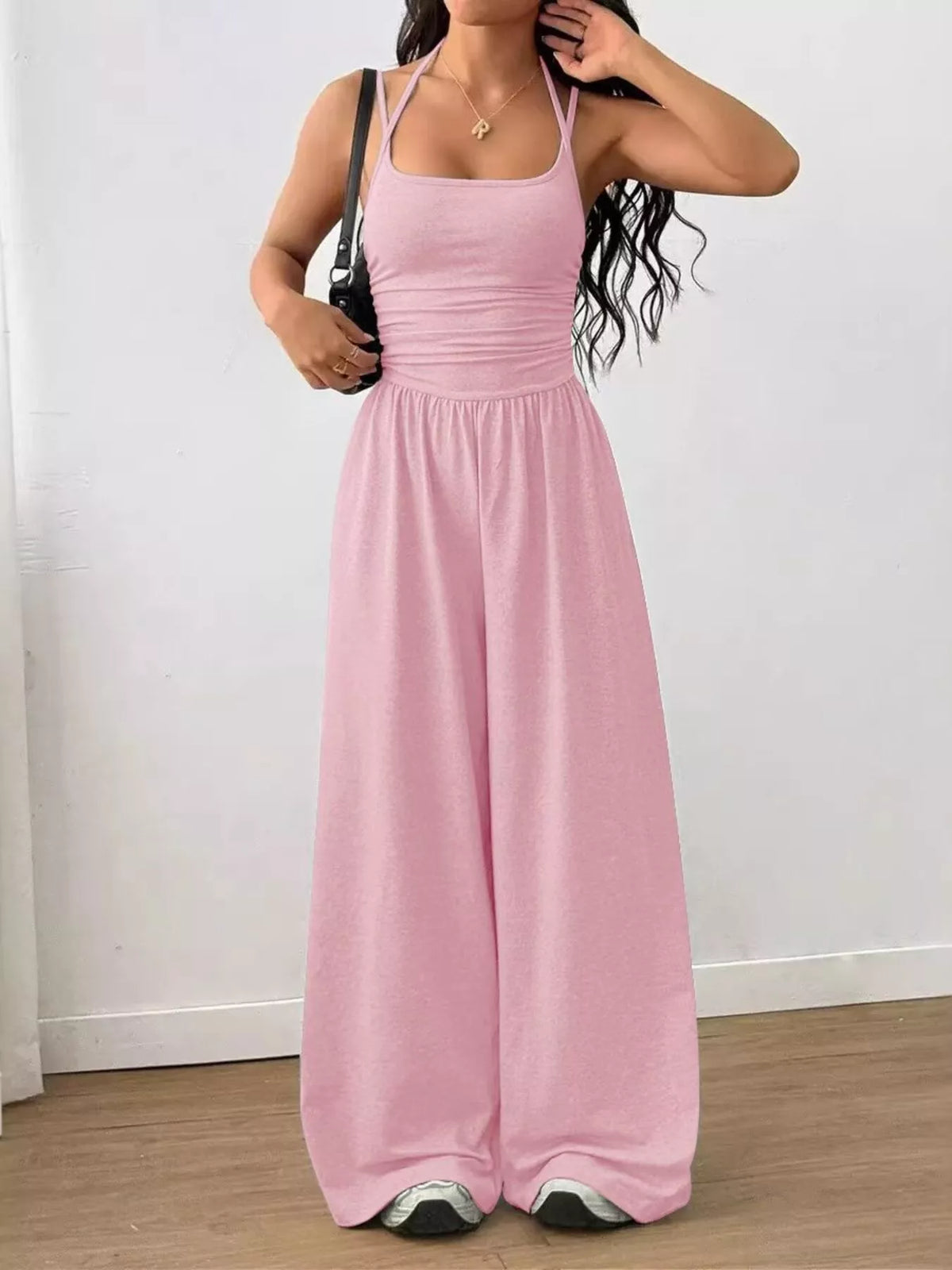 Women's spaghetti-strap wide-leg jumpsuit, pink front view