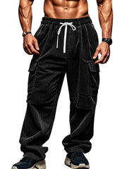 Back view of black corduroy cargo pants with flap pockets