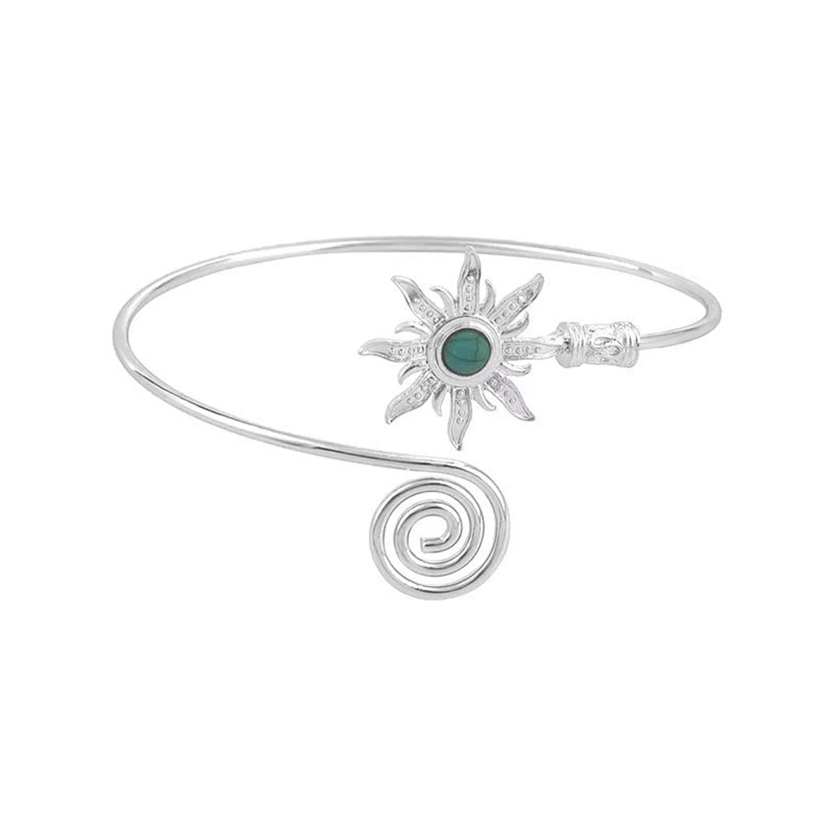 Silver-tone open cuff bracelet with turquoise sunburst center on white background